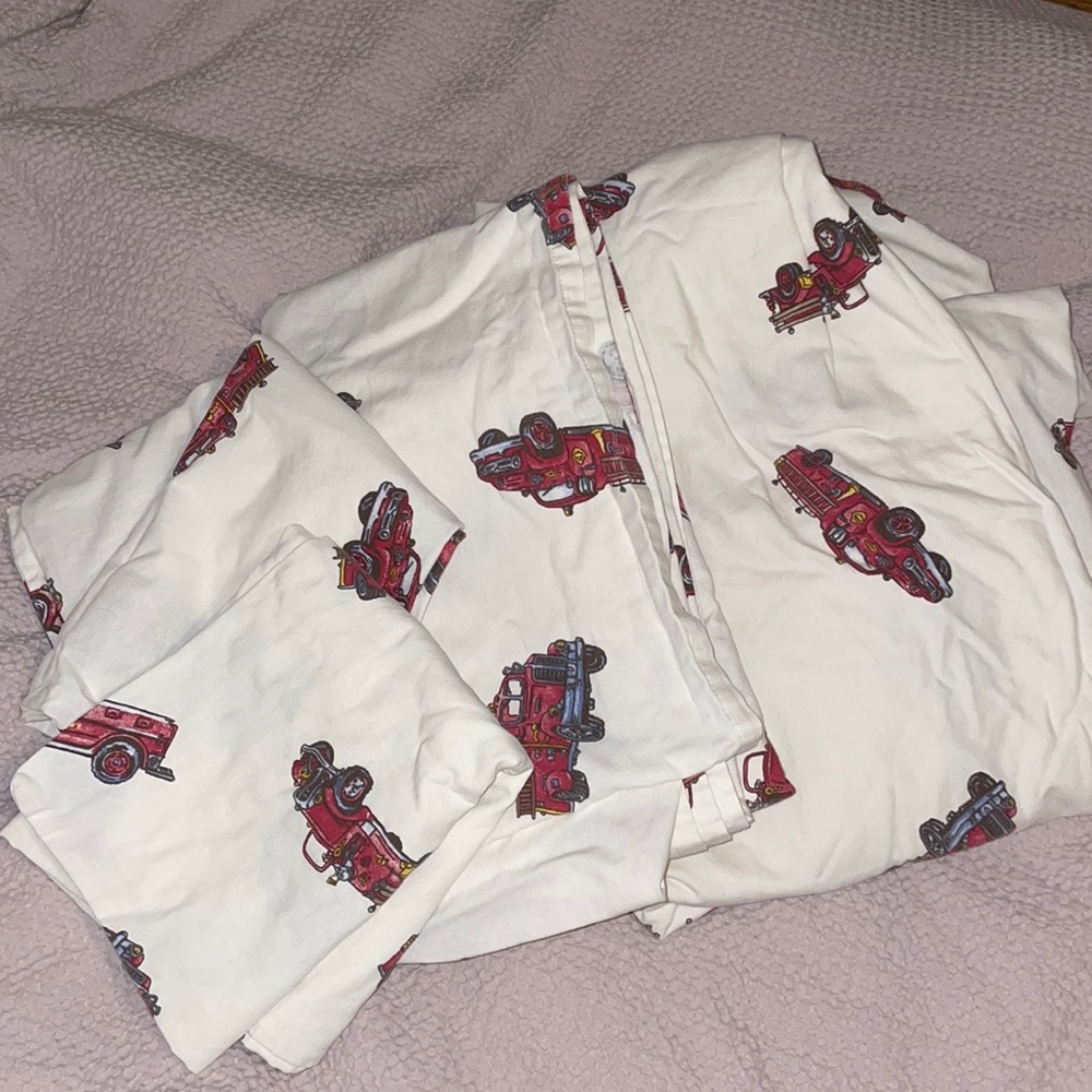 Pottery Barn Kids White Cotton Sheet Set with Red Fire Truck Print